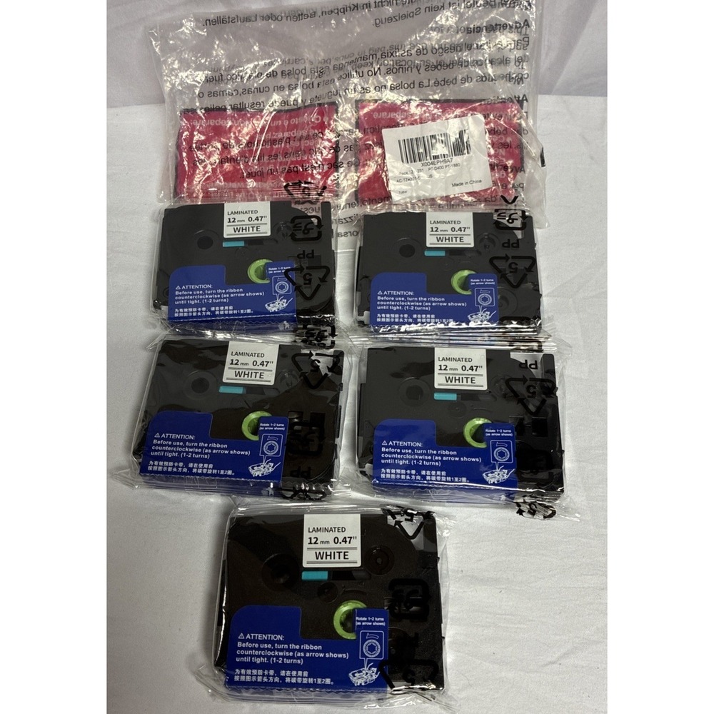 5 Pack 12mm x 0.47" Black Ink White Laminated Label Tapes